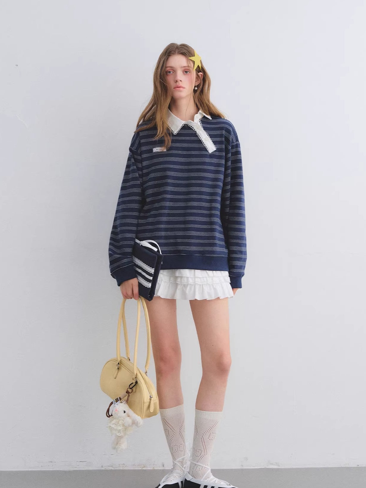 Placket Ruffle Collar Striped Sweatshirt