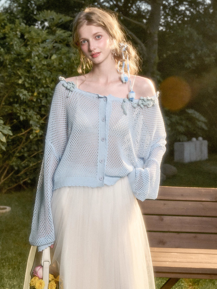 Cool Ice Silk Flower Hollow Cardigan - CHINASQUAD