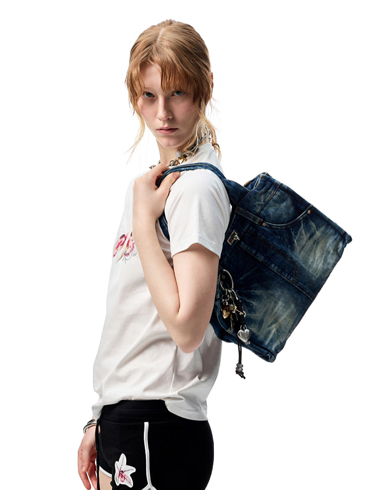 Distressed Printed Denim Tote Bag - CHINASQUAD