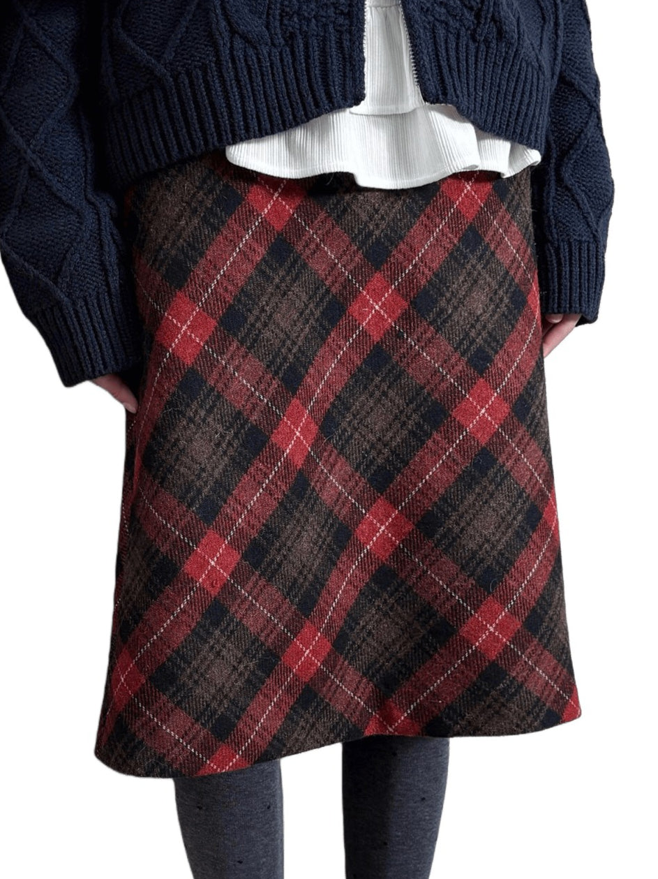 Vintage Plaid Wool-Blend Midi Skirt