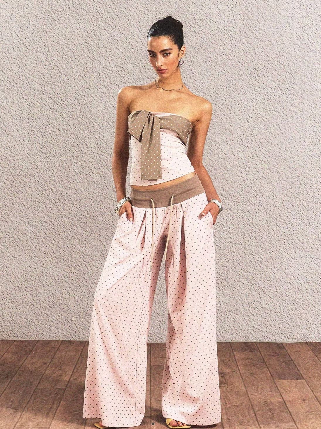 Polka-Dot Bandeau Top & Straight-Leg Pants Set