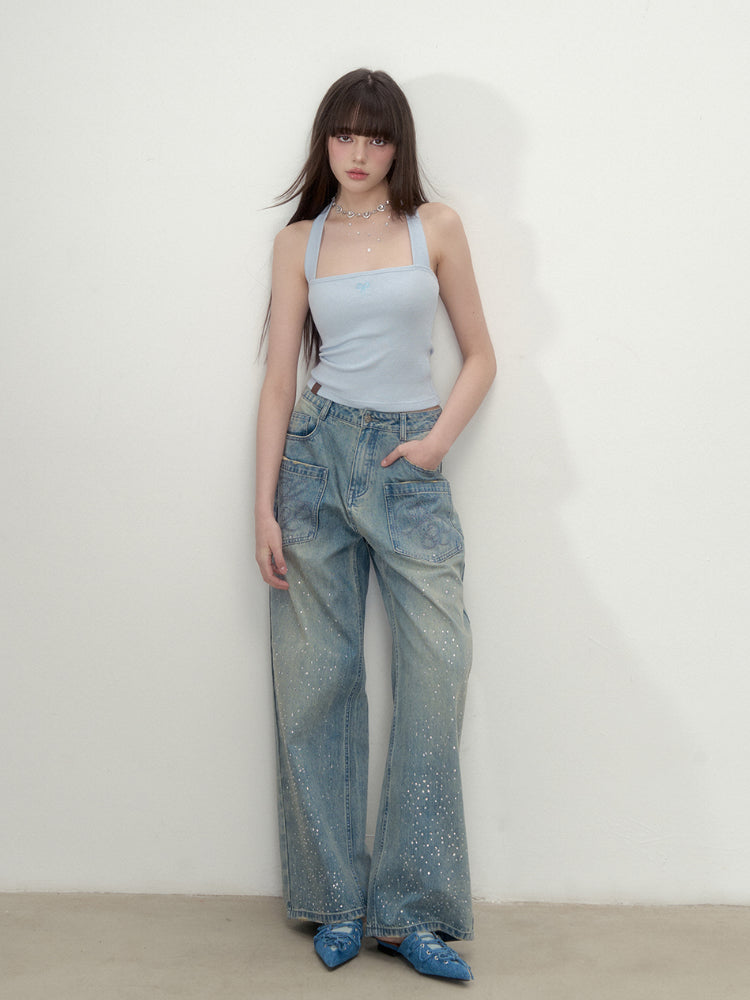 3D Rhinestone Wide-Leg Denim Pants - CHINASQUAD