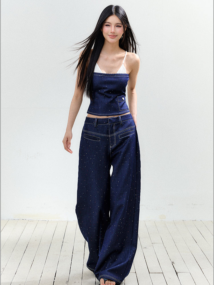 Fake Two-Piece Rhinestone Halter Top & Pant Set - CHINASQUAD