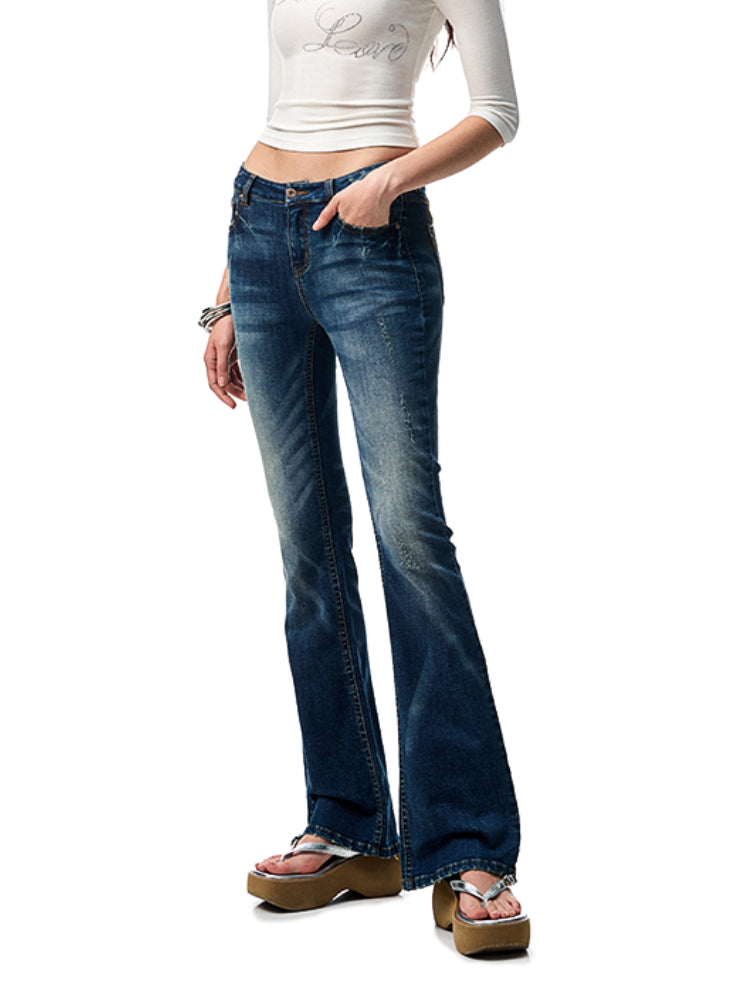 Dark Blue Low - Waist Denim Flared Pants - CHINASQUAD