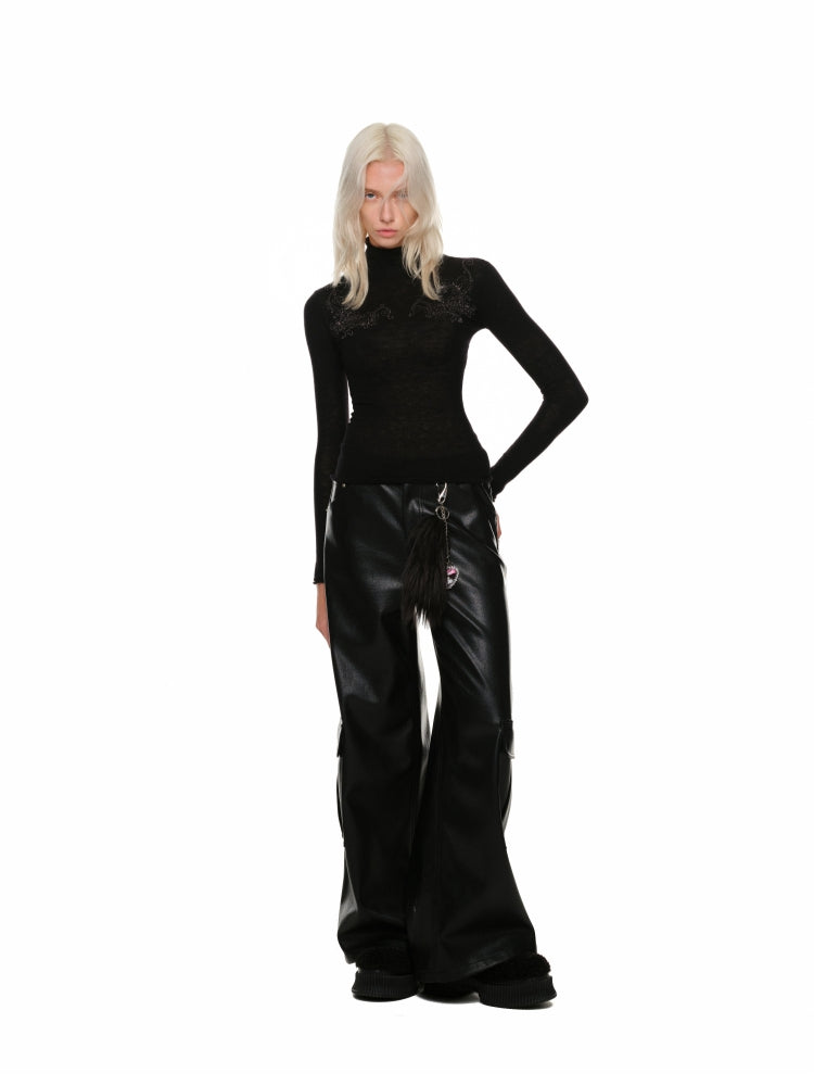 Matte Black Eco-Leather Wide-Leg Pants - CHINASQUAD