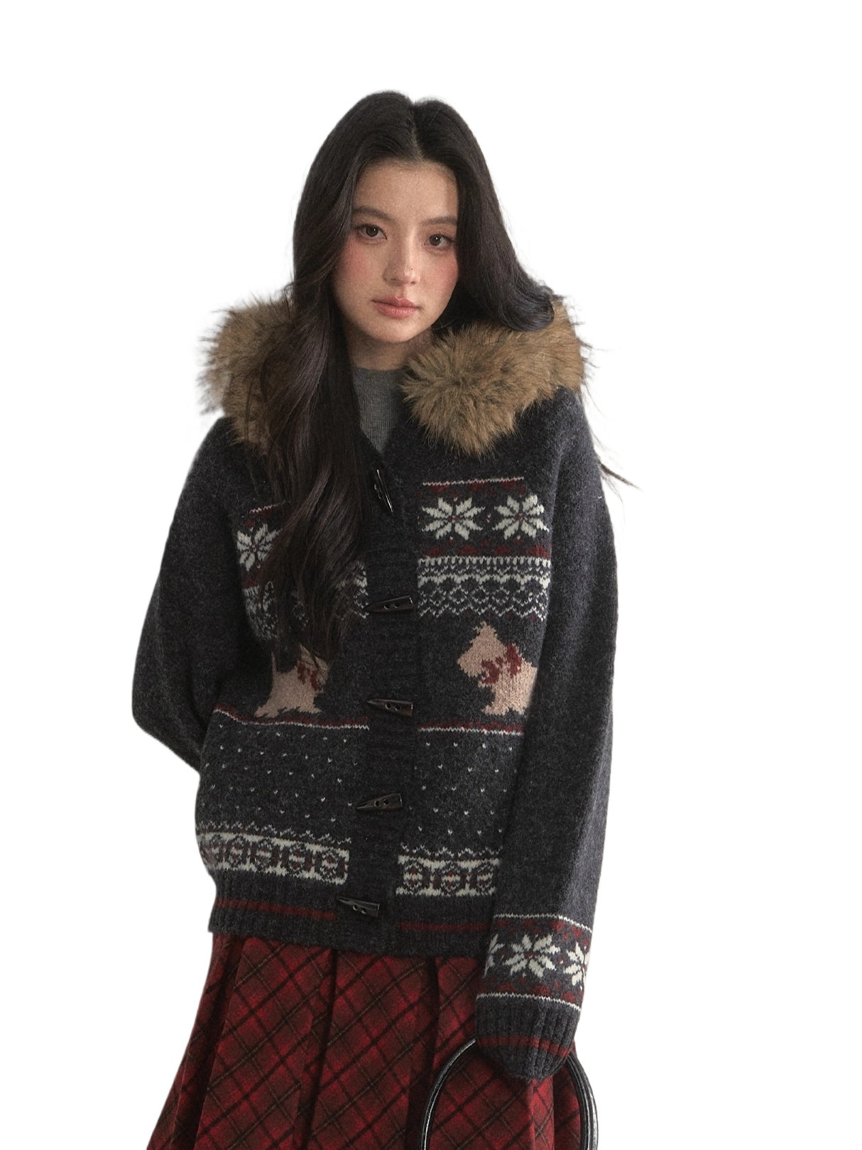 Charcoal Fair Isle Puppy Faux Fur Collar Knit Jacket