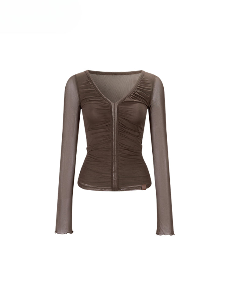 V-Neck Ruffled Mesh Slim Long-Sleeve Blouse - CHINASQUAD
