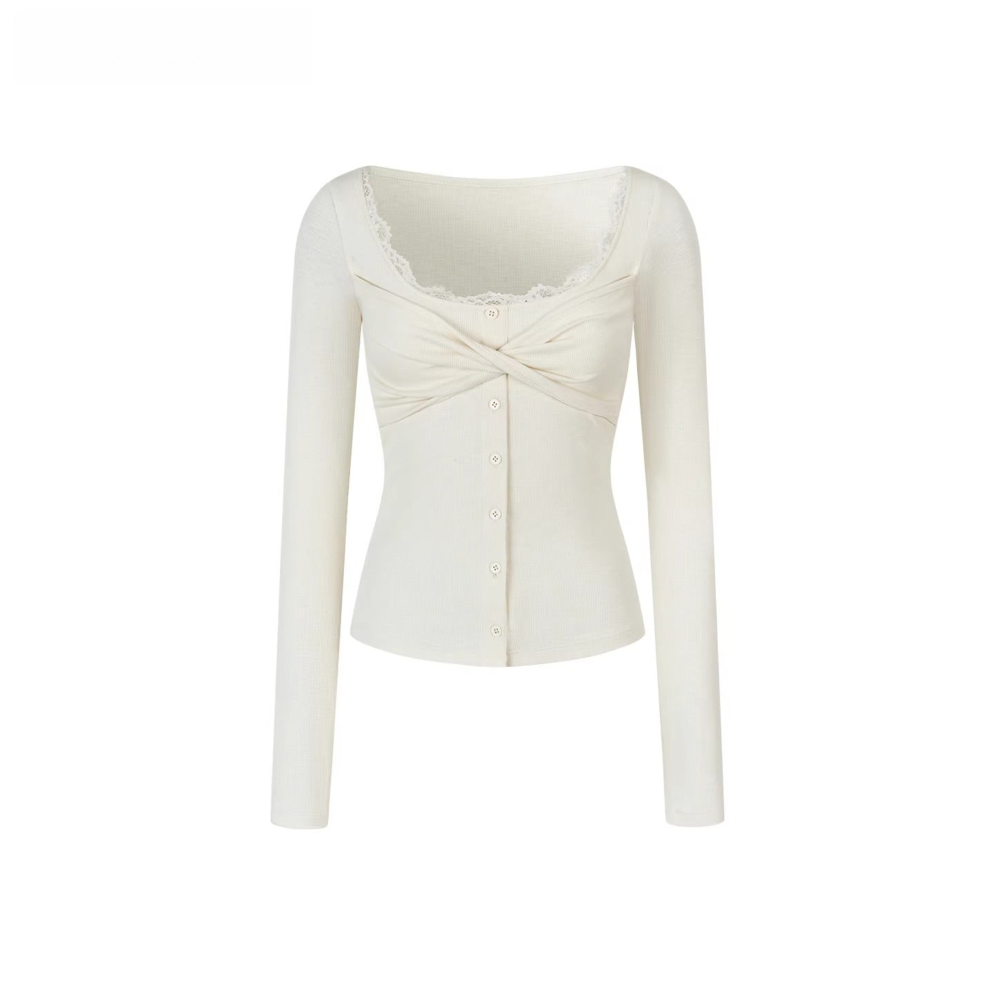 Lace Trim Button-Up Fitted Long Sleeve T-Shirt - CHINASQUAD