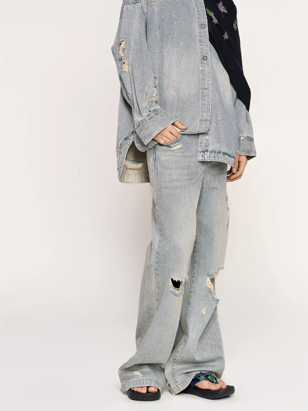 Silver-Foil Double-Waist Denim Pants