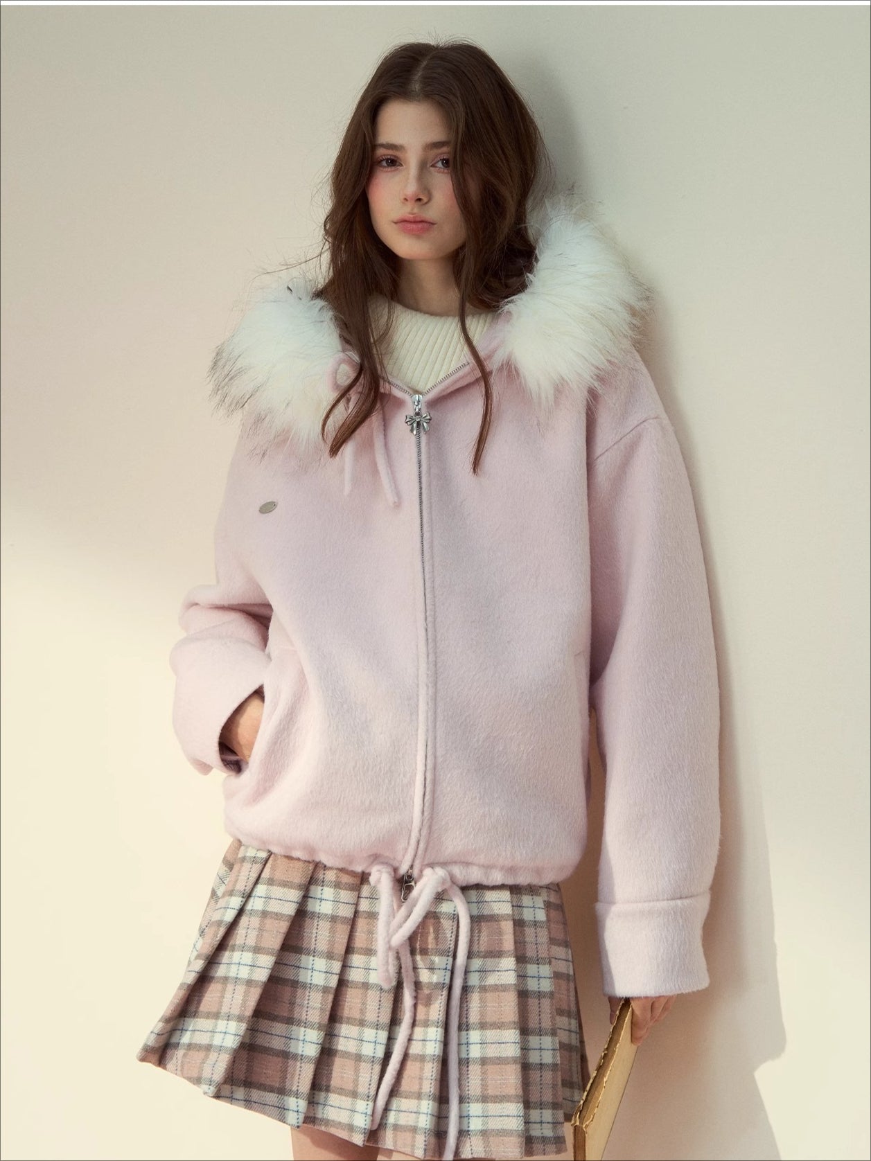 Blush Plaid Wool A-Line Pleated Skirt - CHINASQUAD