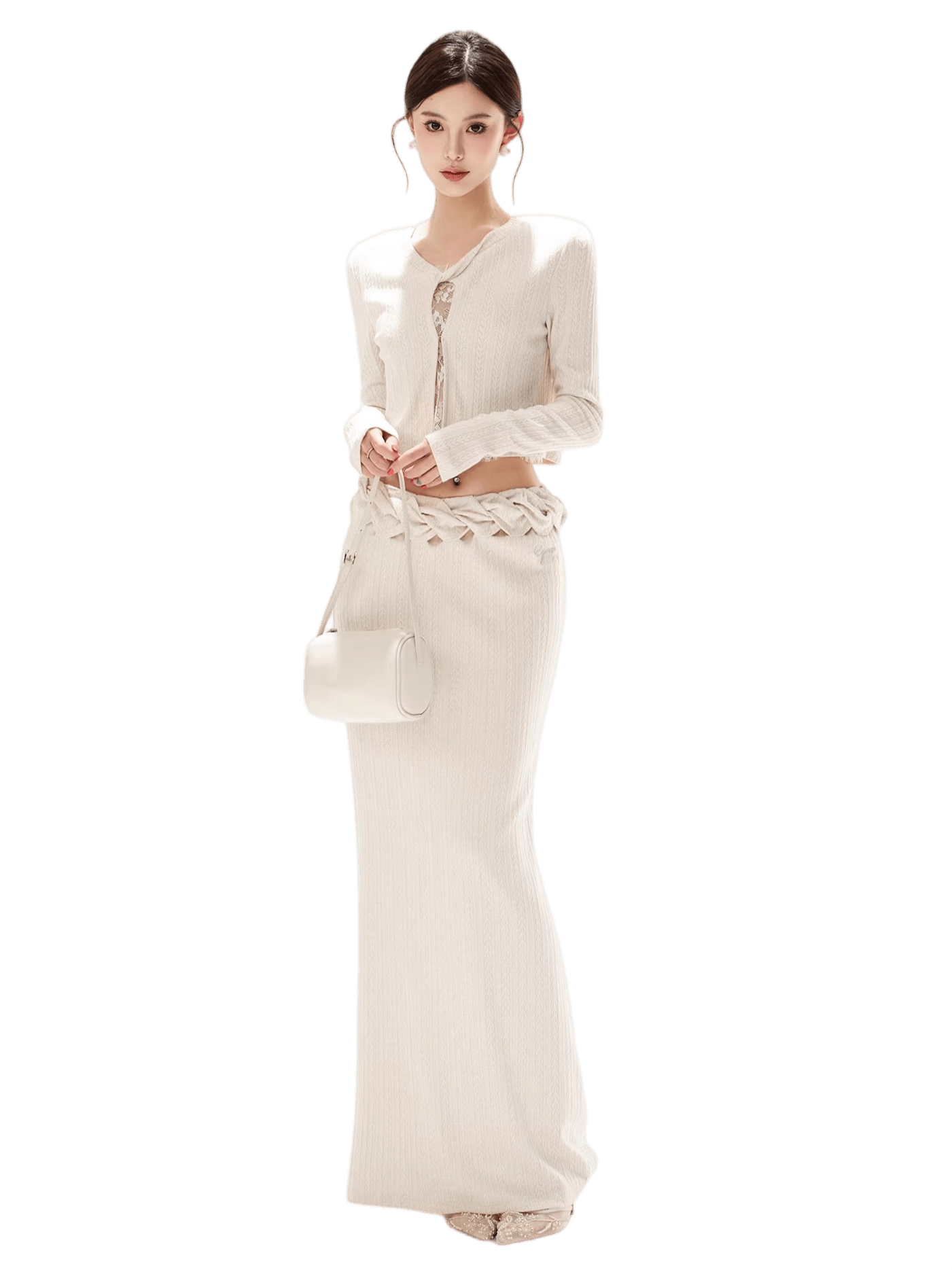 Apricot Lace Panel Knit Two-Piece Set