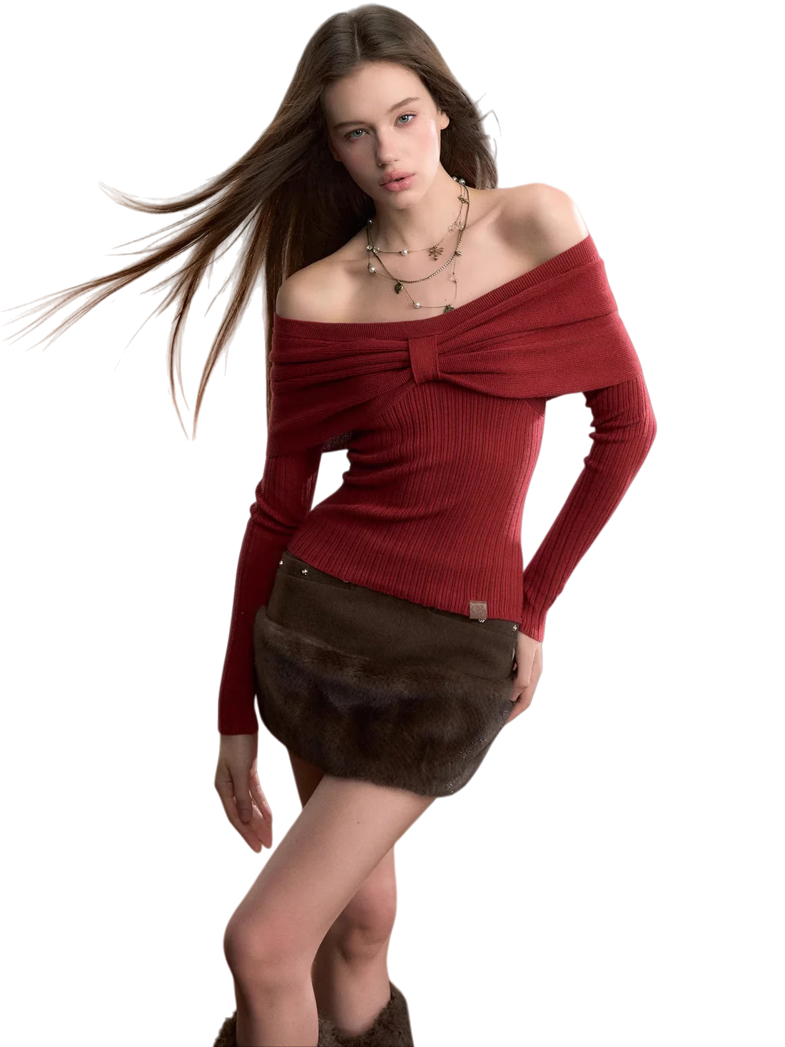 Off-Shoulder Bow Detail Knit Crewneck