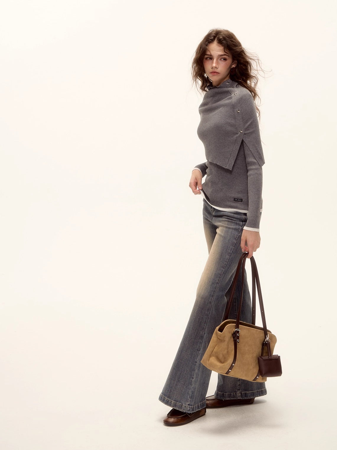 Textured Washed Flared Stretch Denim Pants