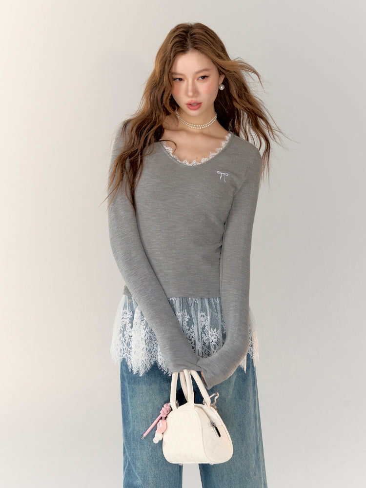 Lace-Trimmed Gray V-Neck Long Sleeve Top - CHINASQUAD