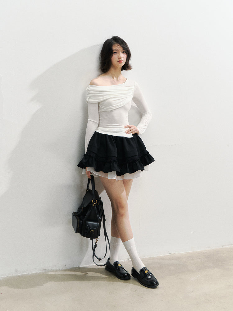 Asymmetric Shoulder Voluminous Ruched T-Shirt - CHINASQUAD