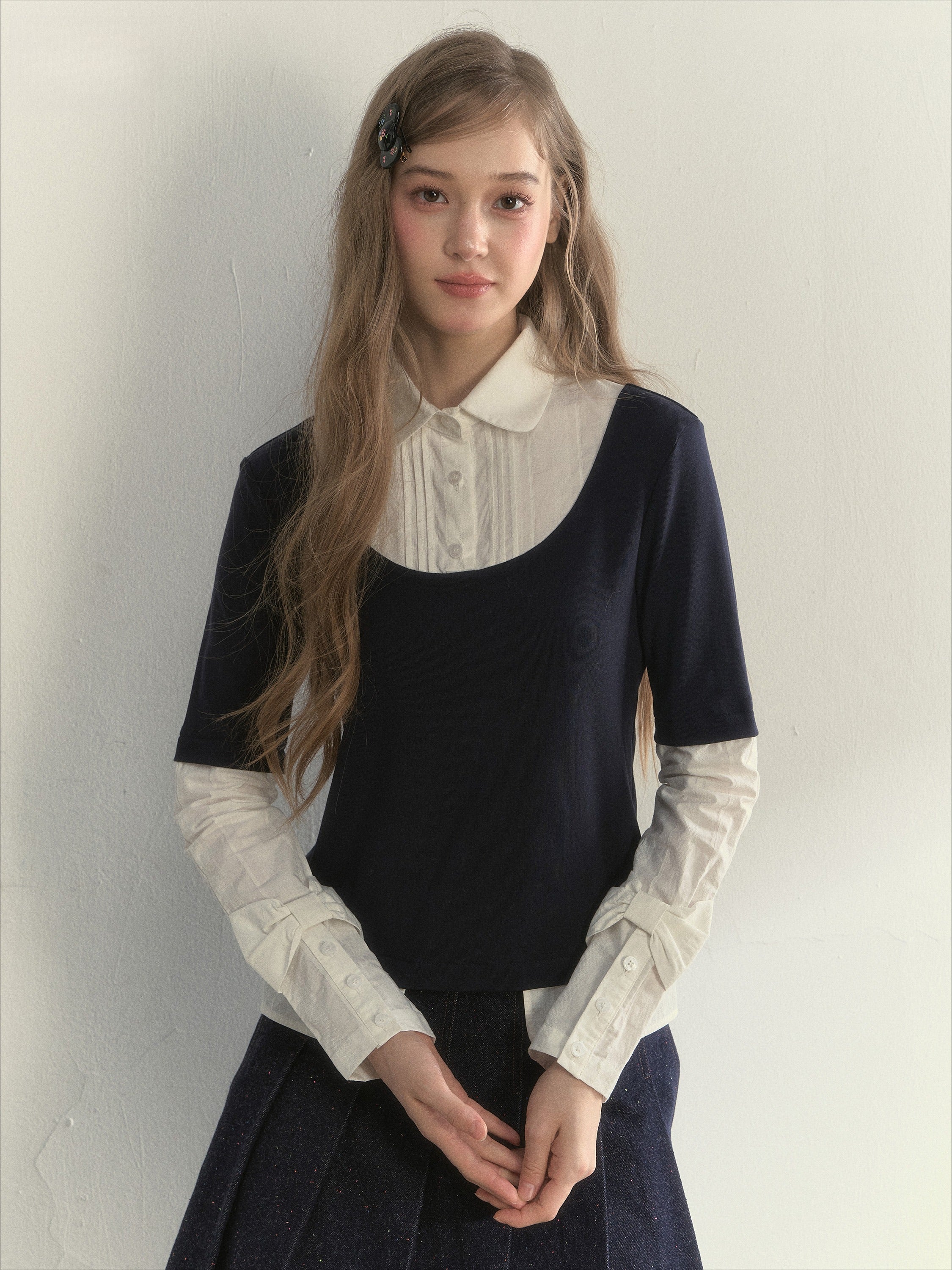 Navy Layered Long-Sleeve Knit Shirt