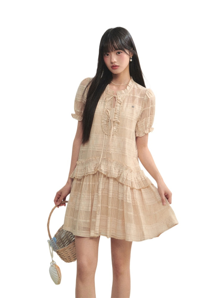 Checkered Hollow-Out Ruffled Dress Set - CHINASQUAD
