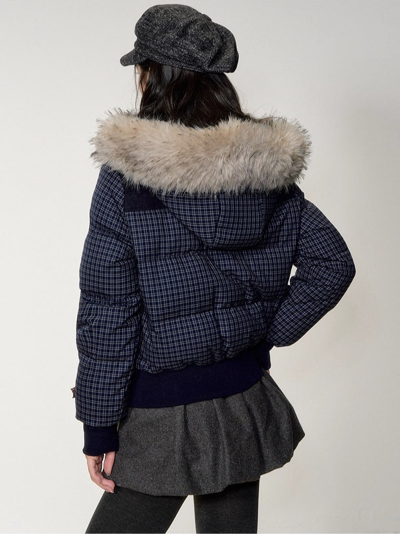 Fuzzy Plaid Down Faux Fur Collar Jacket - CHINASQUAD