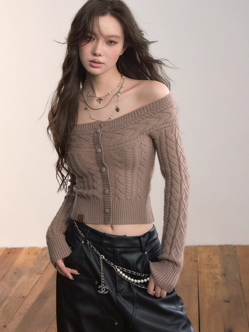 Off-Shoulder Cable Knit Cardigan - CHINASQUAD