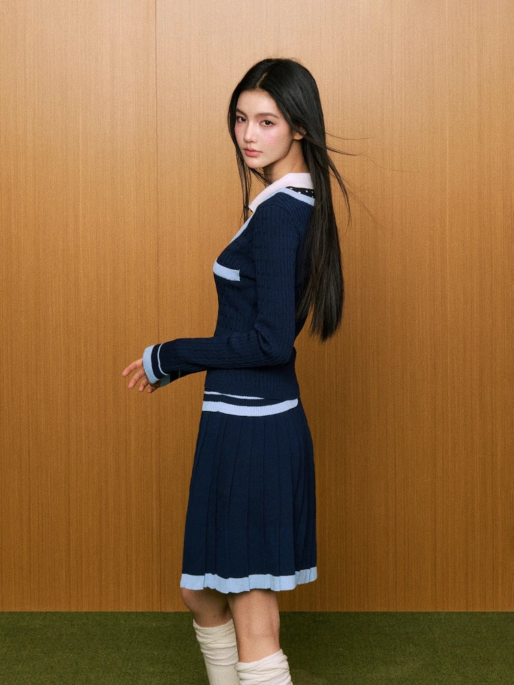 Faux Two-Piece Polka Dot Polo Shirt & Pleated Skirt Set - CHINASQUAD