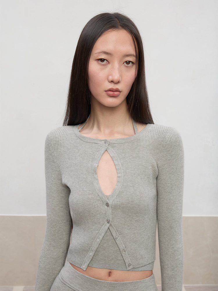 Hollow Spun Long-Sleeve Knit Cardigan