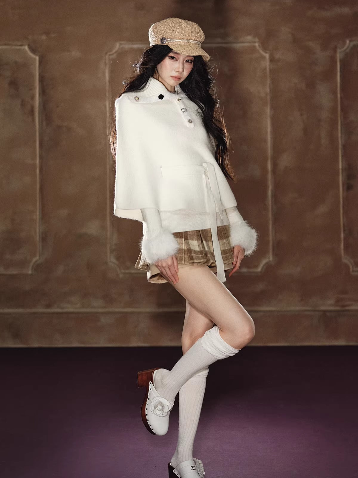 Faux Fur Base Top & Waist-Cinching Cape Knit Set