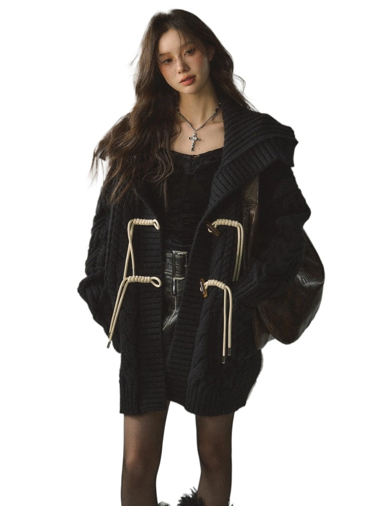 Khaki & Black Horn Button Knit Cardigan - CHINASQUAD