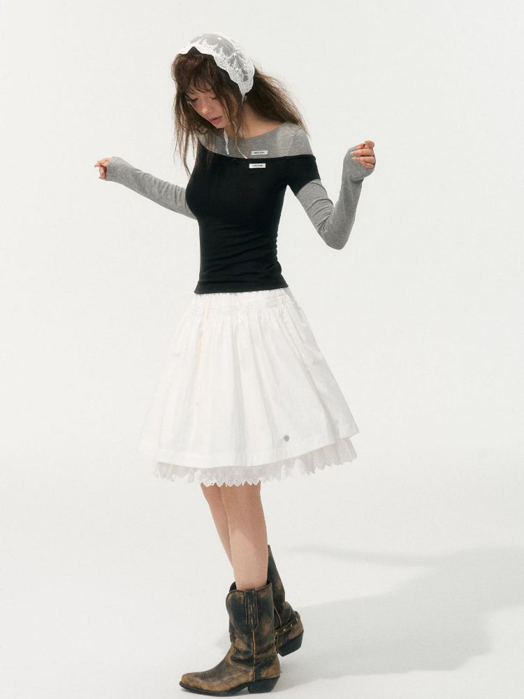 Irregular Fake Two-Piece Color-Block Knit T-shirt - CHINASQUAD