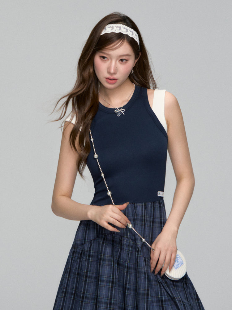 Plaid Asymmetric Sleeveless Vest Dress - CHINASQUAD