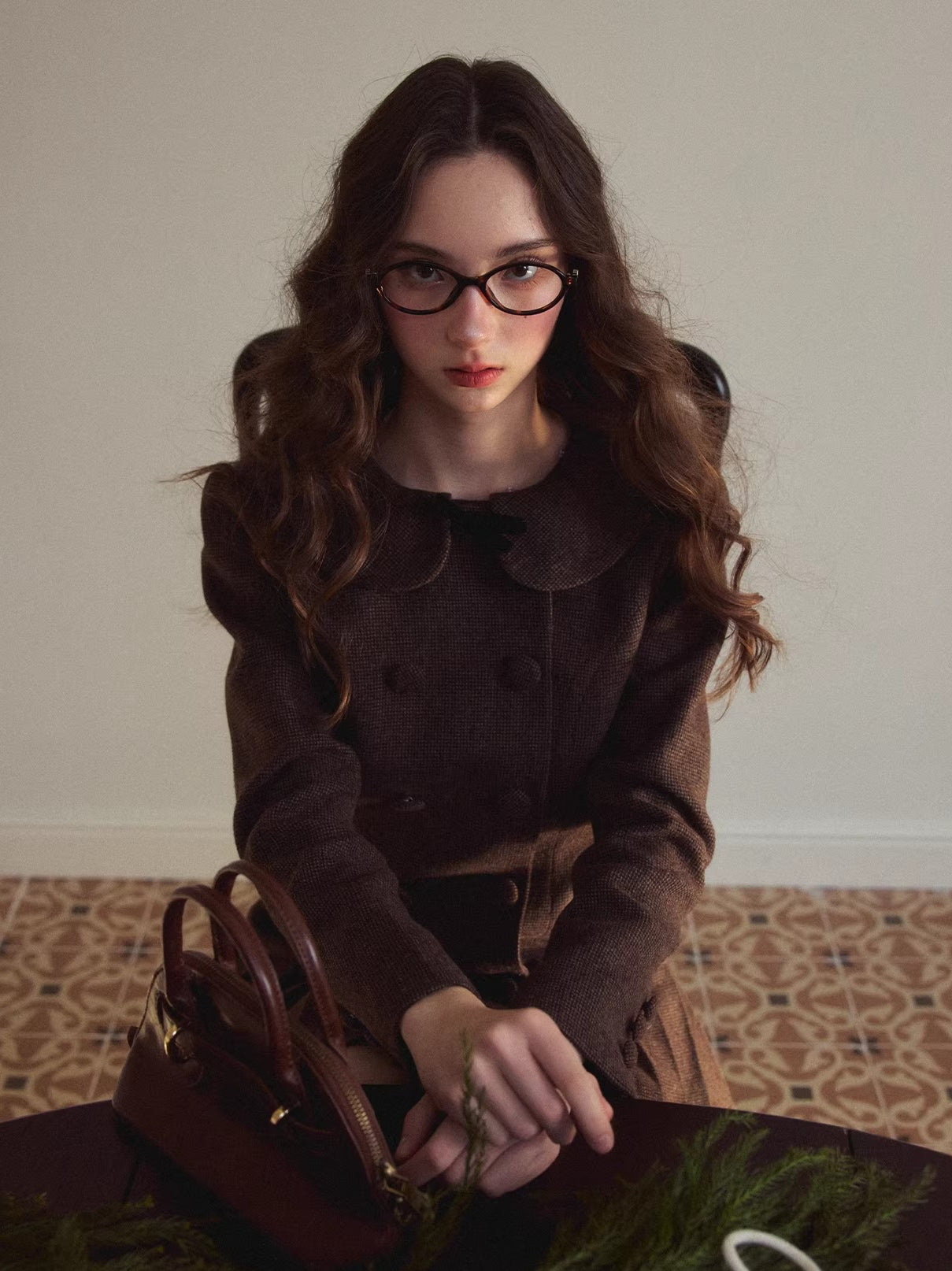 Vintage Preppy Doll-Collar Houndstooth Pleated Dress