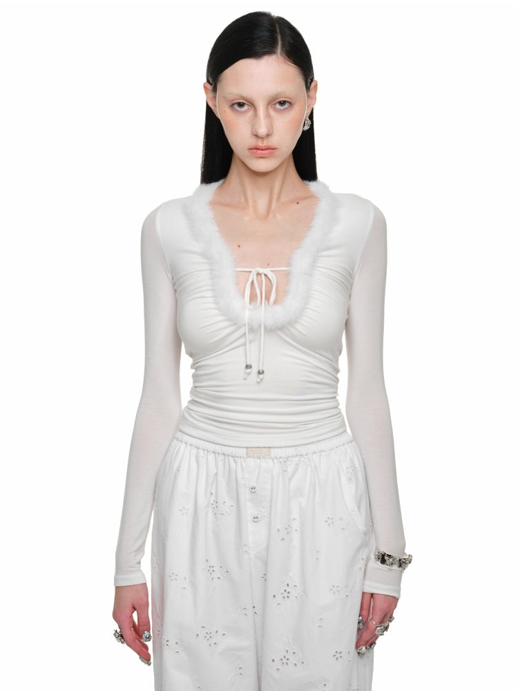 Fur Trimmed Deep V-Neck Slim Fit Knit Top - CHINASQUAD