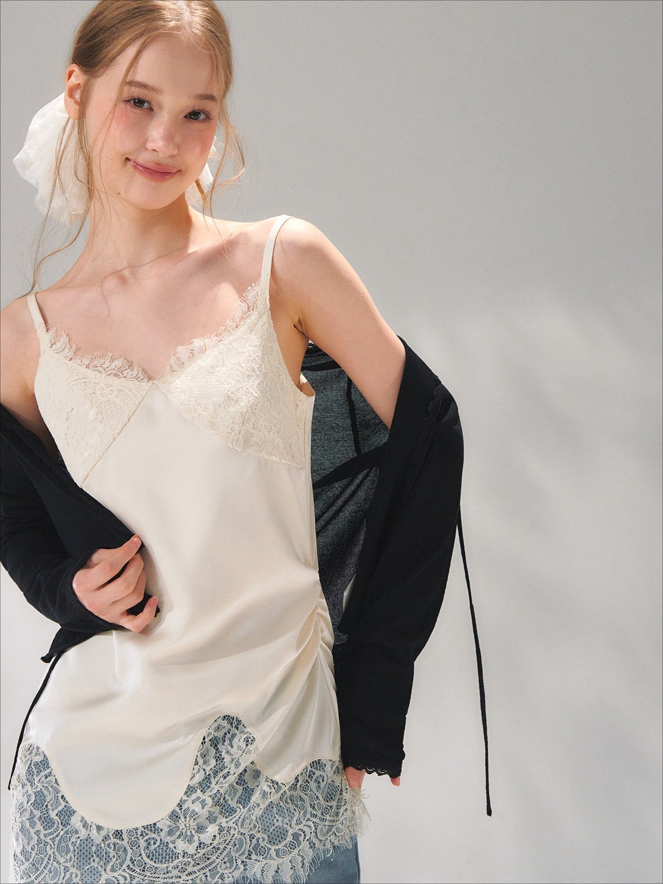 Asymmetric Lace-Trim Satin Camisole