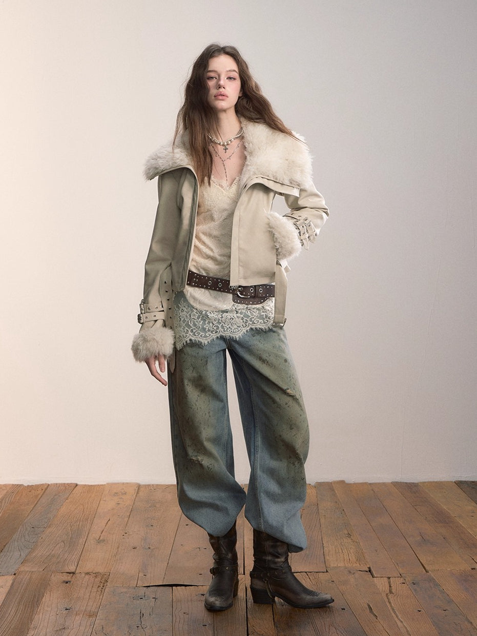 Oversized Fur Collar Short Jacket - CHINASQUAD