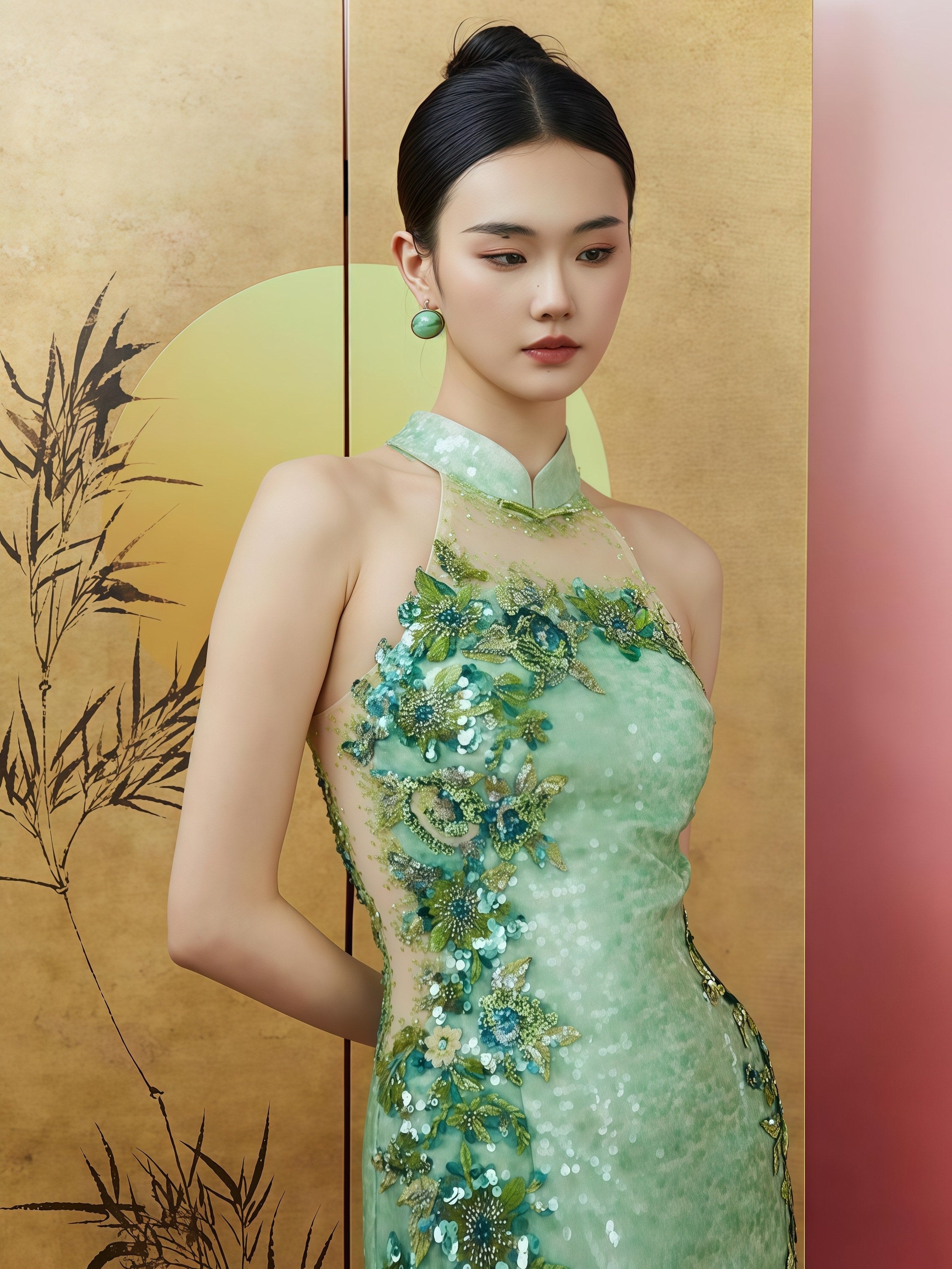 Jade Bloom Embroidered Halterneck Slit Gown with Ruffled Tulle Sleeves