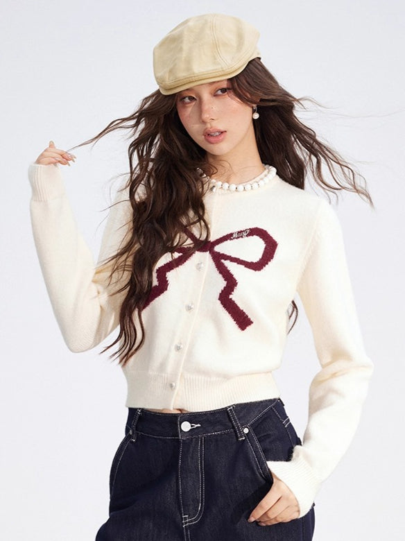 Bow Detail Cropped Knit Cardigan