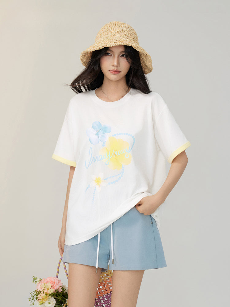 White Contrast-Color Cooling Floral T-shirt