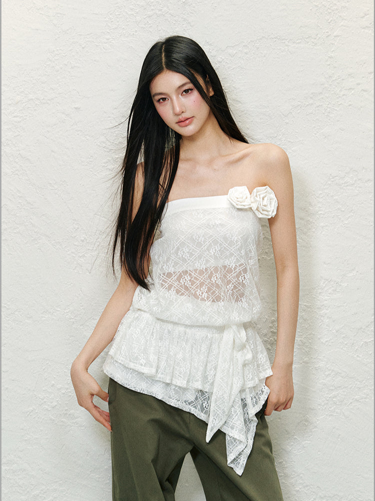 3D Floral Lace Strapless Dress - CHINASQUAD