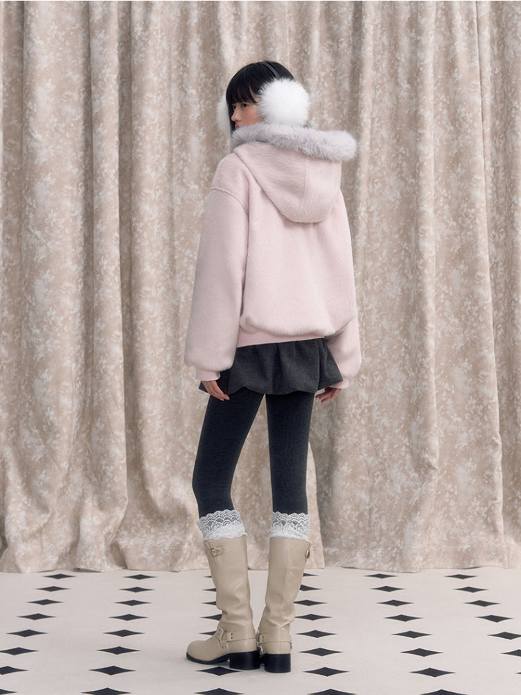Pink Bow Tie Hooded Fur Baseball Jacket - CHINASQUAD