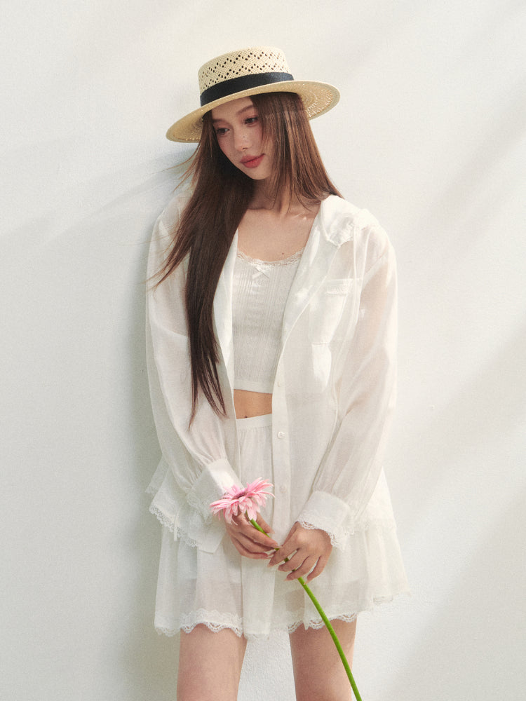 White Lace Panel Hooded Coat & Skirt Set - CHINASQUAD