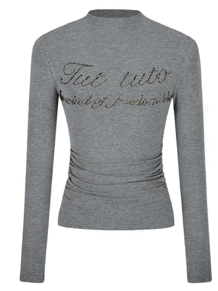 Letter Rhinestone Half-High Collar Base Shirt - CHINASQUAD