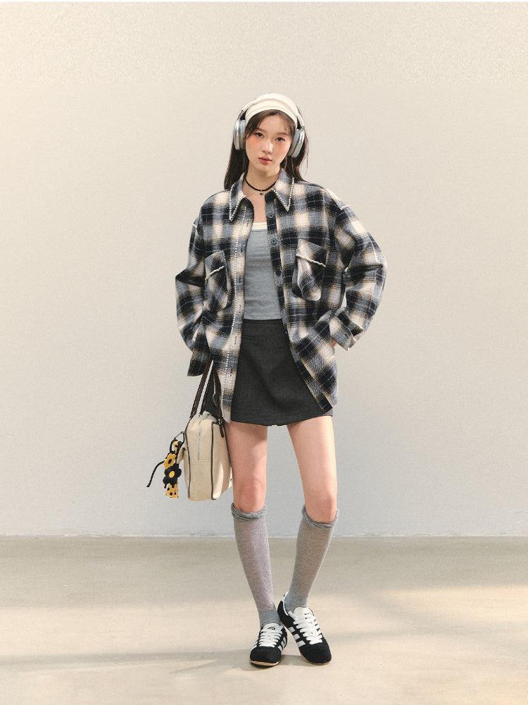 Pearl-Trimmed Polo-Neck Checkered Shirt - CHINASQUAD