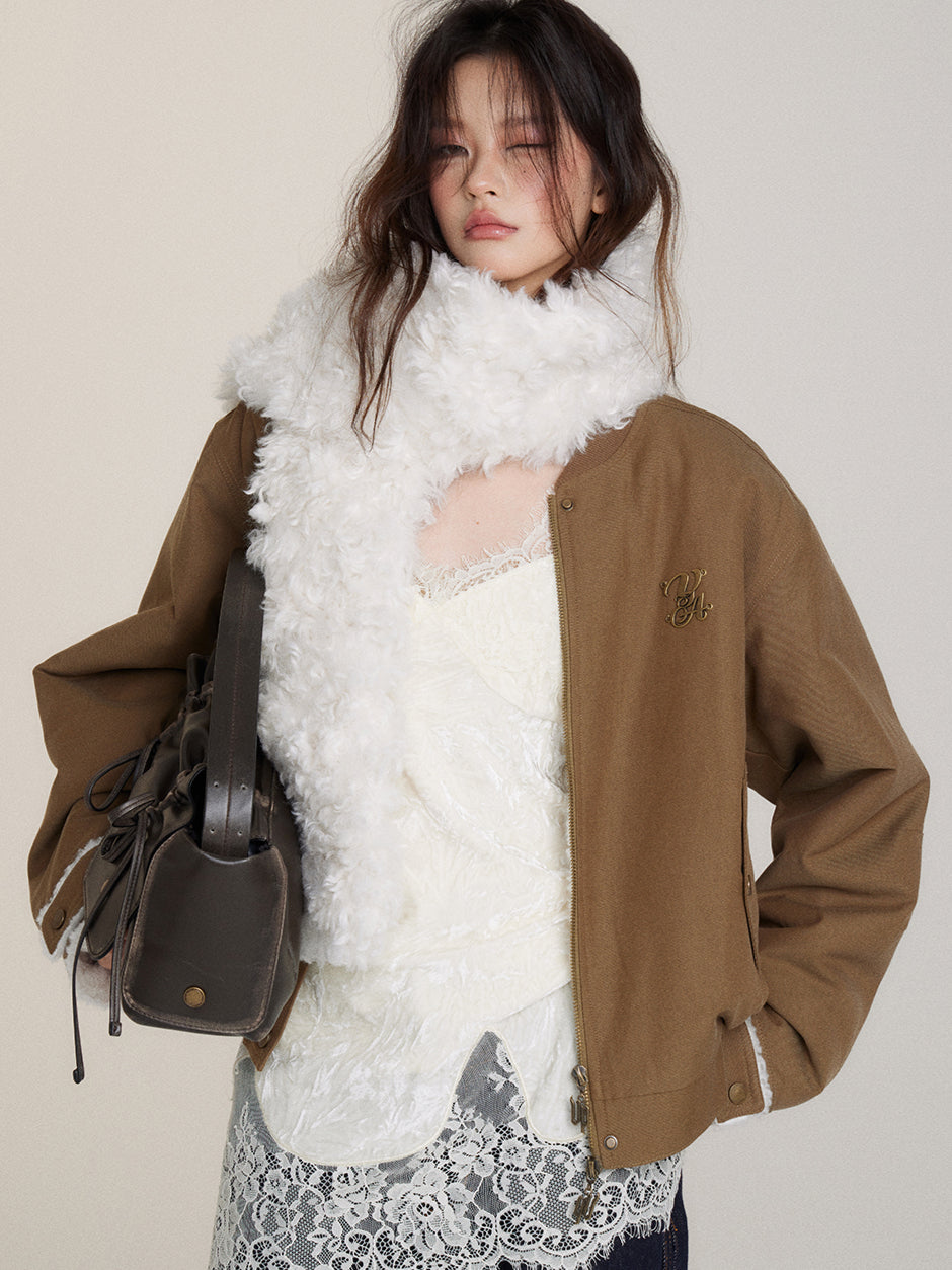 (Final Sale) Fur Collar Two-Way Fuzzy Baseball Jacket - CHINASQUAD