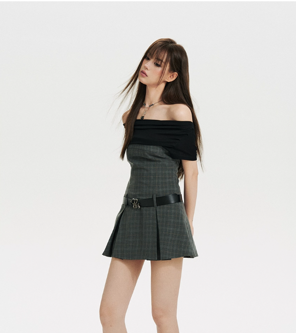 Grid Off-Shoulder Mini Dress - CHINASQUAD