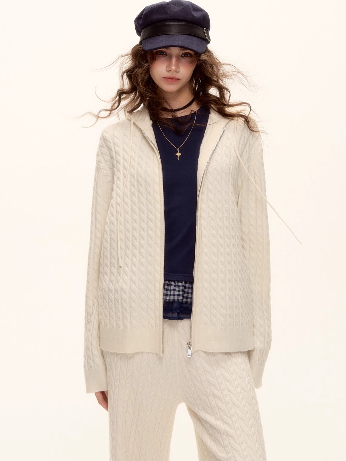 Wool Blend Cable Knit Zipped Hoodie & Wide-Leg Pants Set