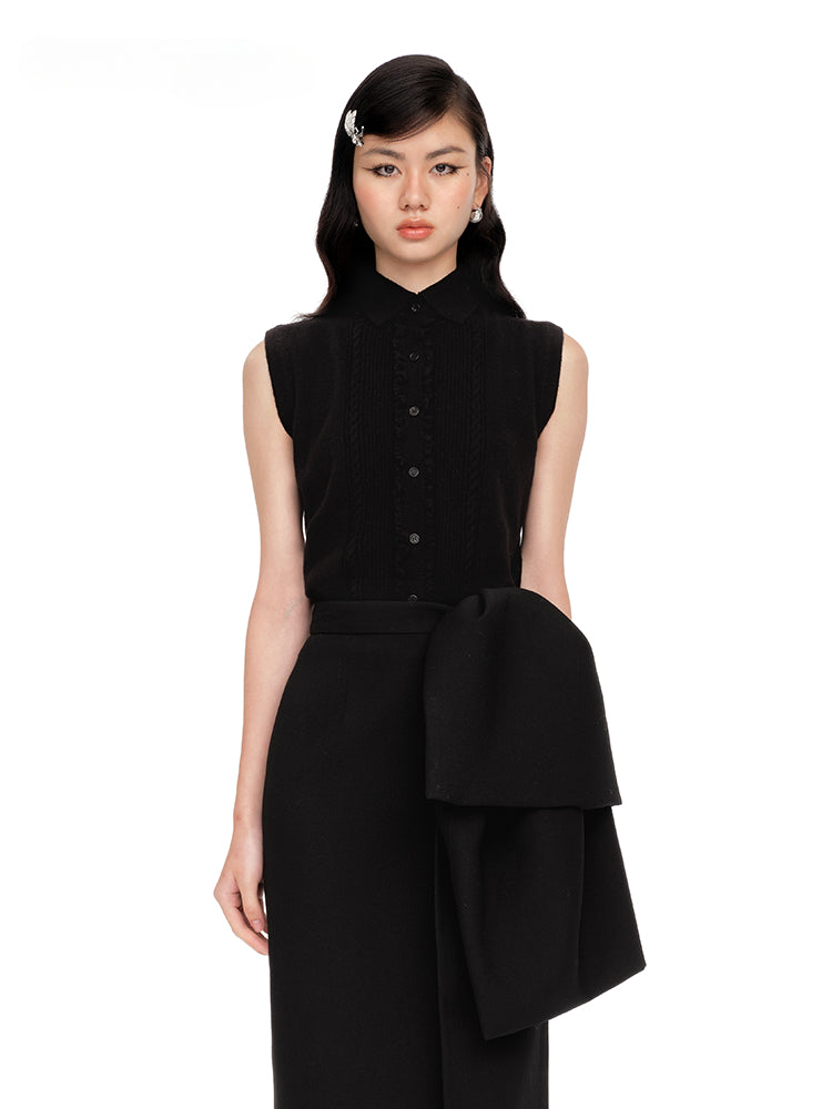 Collared Knit Tank Top Cardigan - CHINASQUAD