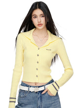 Navy Collar Ribbed Knit Cardigan  - CHINASQUAD