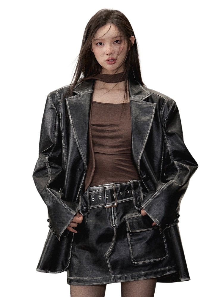 Vintage PU Leather Jacket & Skirt Two-Piece Set - CHINASQUAD