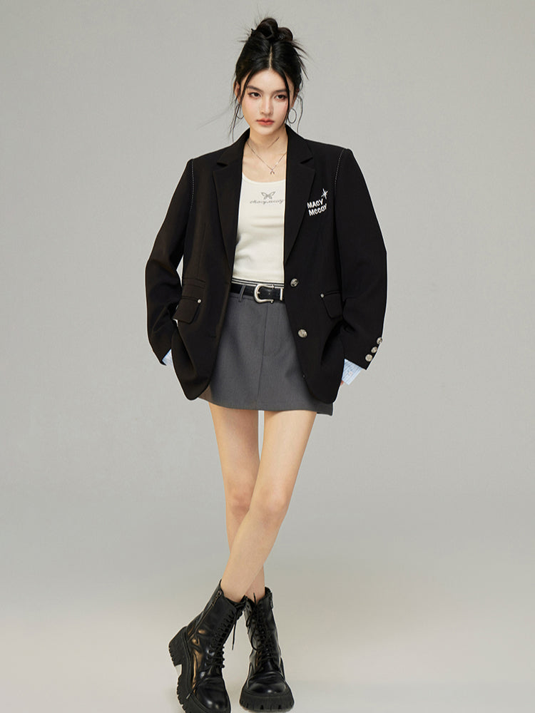 Black & Gray Faux Two-Piece Blazer - CHINASQUAD