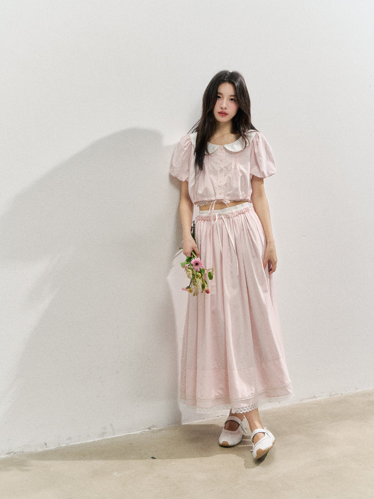 Pink Doll Collar Cropped Shirt & Skirt Set - CHINASQUAD