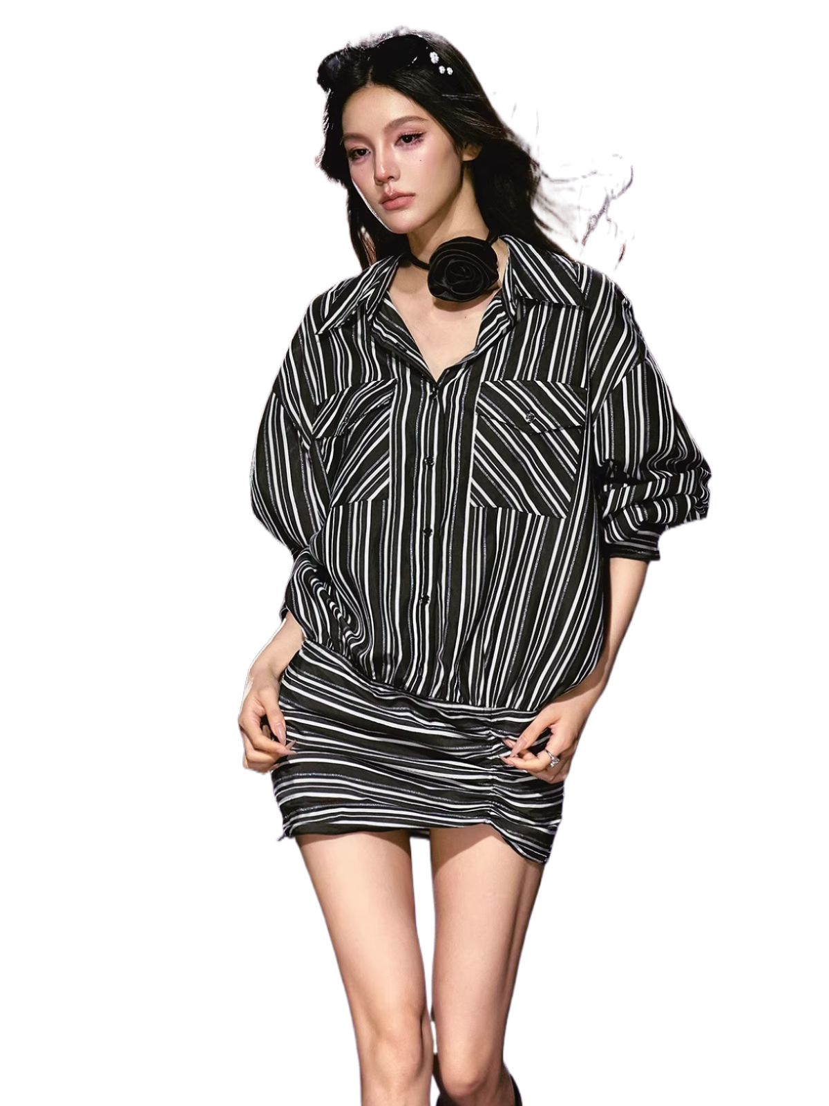 Striped Relaxed Shirt Dress with Satin Flower Brooch